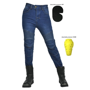 Women's vintage stretch motorcycle jeans with removable knee and hip protection pads
