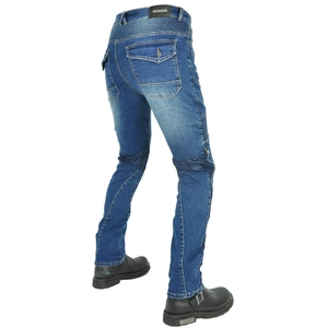 Detail of blue denim motorcycle pants showing reinforced knee pleats and back pockets