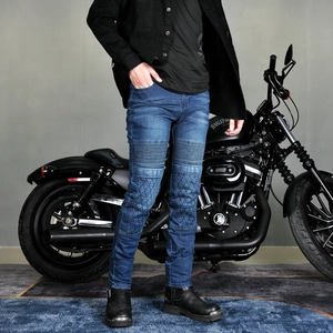 Cordura Cotton Men Motorcycle Jeans Retro Slim Washed Biker Riding Pants With Detachable Protective Gear Dark Blue