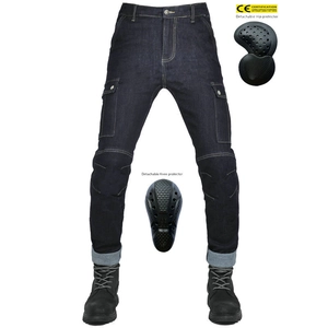 Deep blue motorcycle riding jeans with protective knee pads and hip armor pads