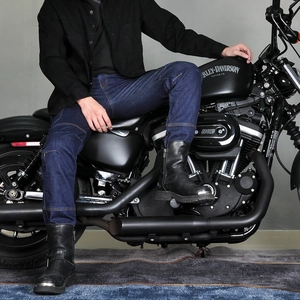 Jean de moto vintage pour homme bleu indigo avec plis de protection aux genoux
