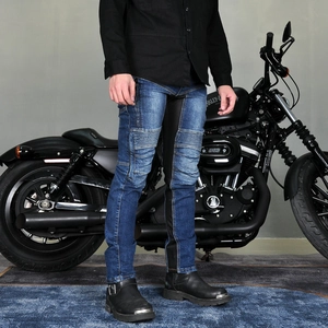 Men's breathable motorcycle jeans with stretch knee panels and blue denim finish