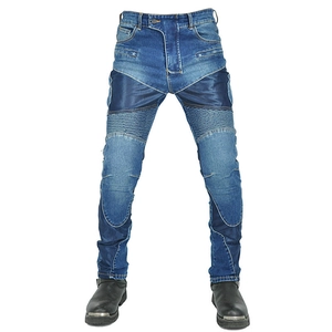 Detail of blue denim motorcycle jeans with accordion stretch panels for knee protection
