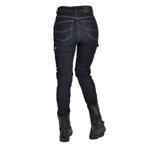 Slim fit motorcycle denim pants for women with cargo pockets and leather waist patch