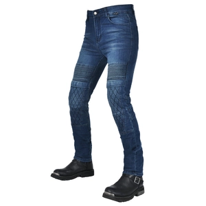 Detail of motorcycle jeans with accordion stretch panels at knees and quilted stitching