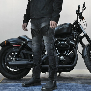 Men's retro motorcycle denim riding pants with breathable mesh and armor pockets