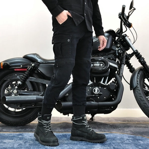 Black protective motorcycle riding cargo pants for men with large side flap pockets