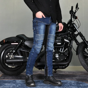 Detail of motorcycle jeans with protective knee pleats shown against a biker background