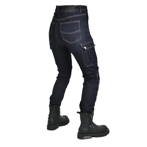 Detail of slim fit motorcycle jeans with cargo pockets and contrast stitching accents