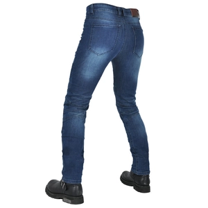 Rear view of slim fit motorcycle jeans featuring accordion stretch panels and knee protection
