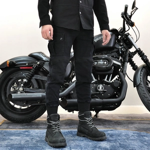 Men's black motorcycle cargo pants with knee protectors and large utility pockets