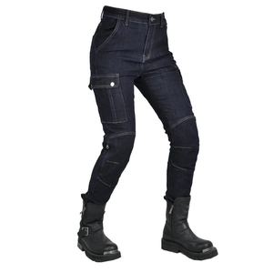 Close-up of deep blue denim motorcycle pants with reinforced knees and cargo pockets