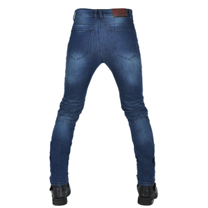 Slim fit dark blue motorcycle jeans with washed texture and accordion knee panels