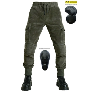 Detail view of olive green corduroy motorcycle pants with removable CE protectors
