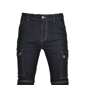 Detail of slim-fit motorcycle jeans with contrast stitching and flap cargo pockets