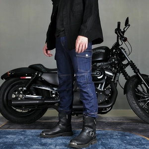 Pantalon cargo moto rétro pour homme en denim bleu foncé durable avec poches latérales