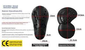 Detail view of thickened black motorcycle knee and elbow pads with CE Level 1 honeycomb vents