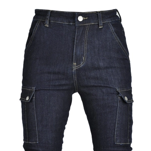 Detail of dark blue high-waist cargo motorcycle jeans with contrast stitching and side pockets