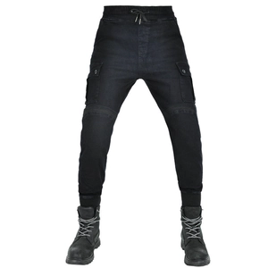 Men's protective motorcycle cargo jeans with kevlar lining and ribbed cuffs in black