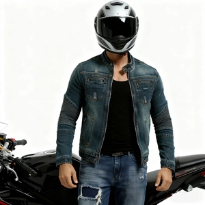 Retro slim fit motorcycle denim jacket in distressed blue with protective riding features