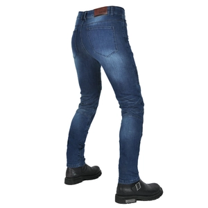 Slim fit navy blue motorcycle jeans with stretch knee panels and vintage washed finish