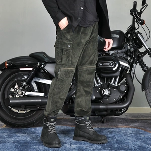 Army green corduroy motorcycle cargo pants with multi-pocket design for riding safety