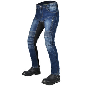 Men's blue motorcycle riding jeans with protective stretch panels and zipper pockets