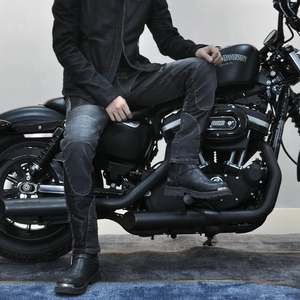 Men's retro motorcycle denim jacket and pants set with protective knee pads for riding