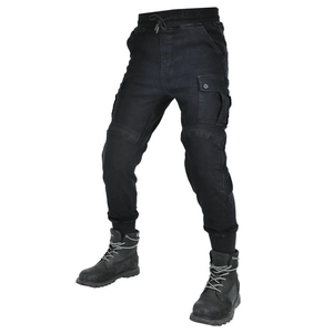 Detail of black motorcycle riding jeans with cargo pockets and elastic drawstring waist