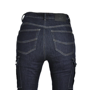 Rear view of dark blue motorcycle cargo jeans with leather logo patch and back pockets