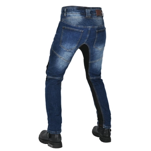 Blue motorcycle riding jeans with accordion stretch panels and breathable mesh inserts