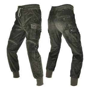 Front and back view of moss green corduroy motorcycle cargo pants with knee panels
