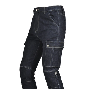 Detail view of motorcycle jeans featuring reinforced knee panels and side metal zippers