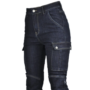 Detailed view of dark blue motorcycle jeans cargo pockets with yellow stitching