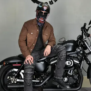 Brown waxed motorcycle jacket and biker pants with knee protectors for riding safety