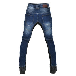 Men's blue motorcycle jeans with protective knee stretch panels and slim fit design