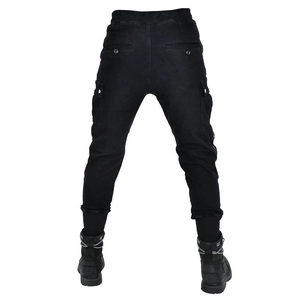 Rear view of black cargo motorcycle joggers with protective padding pockets and ribbed cuffs