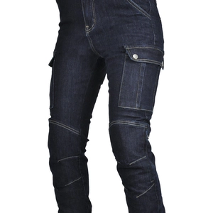 Detail of reinforced knee seams and cargo pockets on dark blue motorcycle denim pants