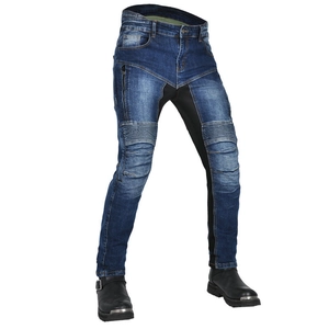 Detail of blue motorcycle jeans featuring flexible knee accordion panels and thigh zipper
