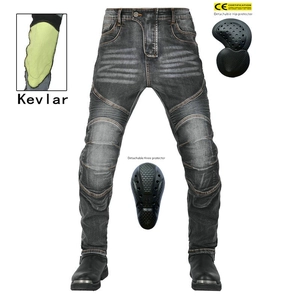 Detail of motorcycle jeans featuring Kevlar lining and removable CE certified armor pads