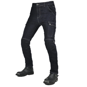 Slim fit deep blue motorcycle jeans for men and women with reinforced knees and cargo pockets