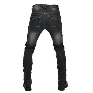 Detail view of motorcycle jeans with rear accordion stretch panels and flap pockets