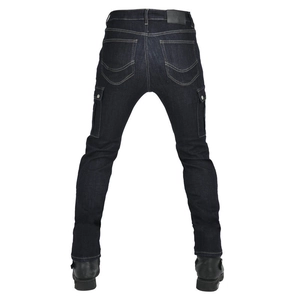 Slim fit motorcycle denim jeans in dark blue with cargo pockets and leather logo tag