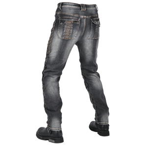 Detail view of motorcycle jeans featuring ribbed accordion panels on the back and thighs