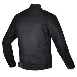 Rear view of heavy duty black motorcycle riding jacket with reinforced stitching and collar