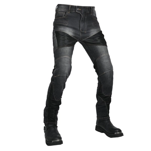 Detail view of motorcycle riding jeans with knee stretch panels and protective armor pockets