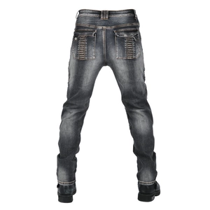 Detail view of motorcycle jeans with ribbed accordion panels on the back waist and pockets