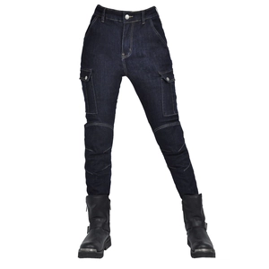 Women's dark blue motorcycle cargo jeans with protective knee pleats and large pockets
