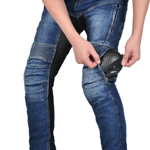 Blue motorcycle riding jeans with protective knee pads and breathable mesh panels