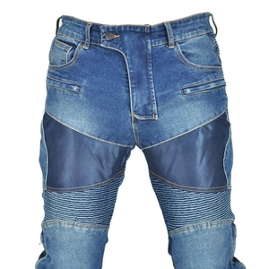 Detail of motorcycle jeans with mesh thigh panels and accordion stretch knee panels